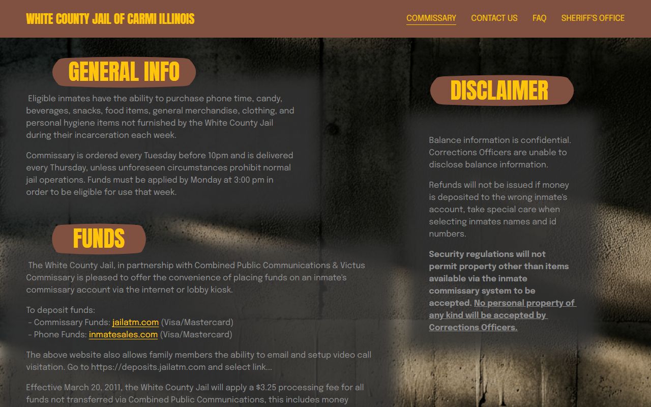 White County Jail commissary page for inmate money and phone funds