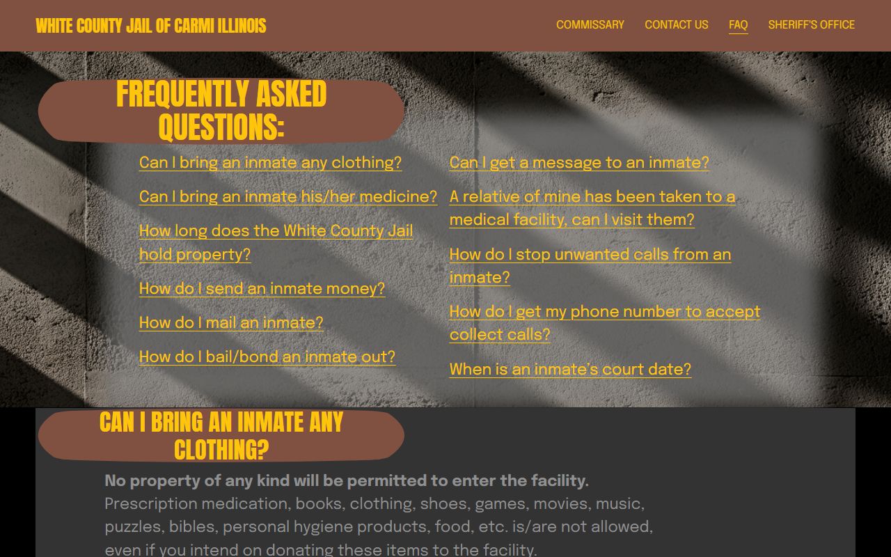 White County Jail FAQ for inmate records and custody procedures